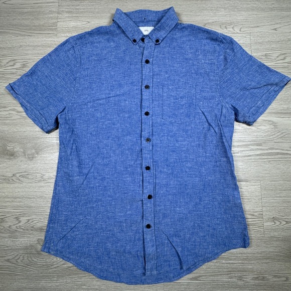 Onia Other - Onia Mens Button Down Shirt Blue Linen Blend Short Sleeve Large Minimalist
